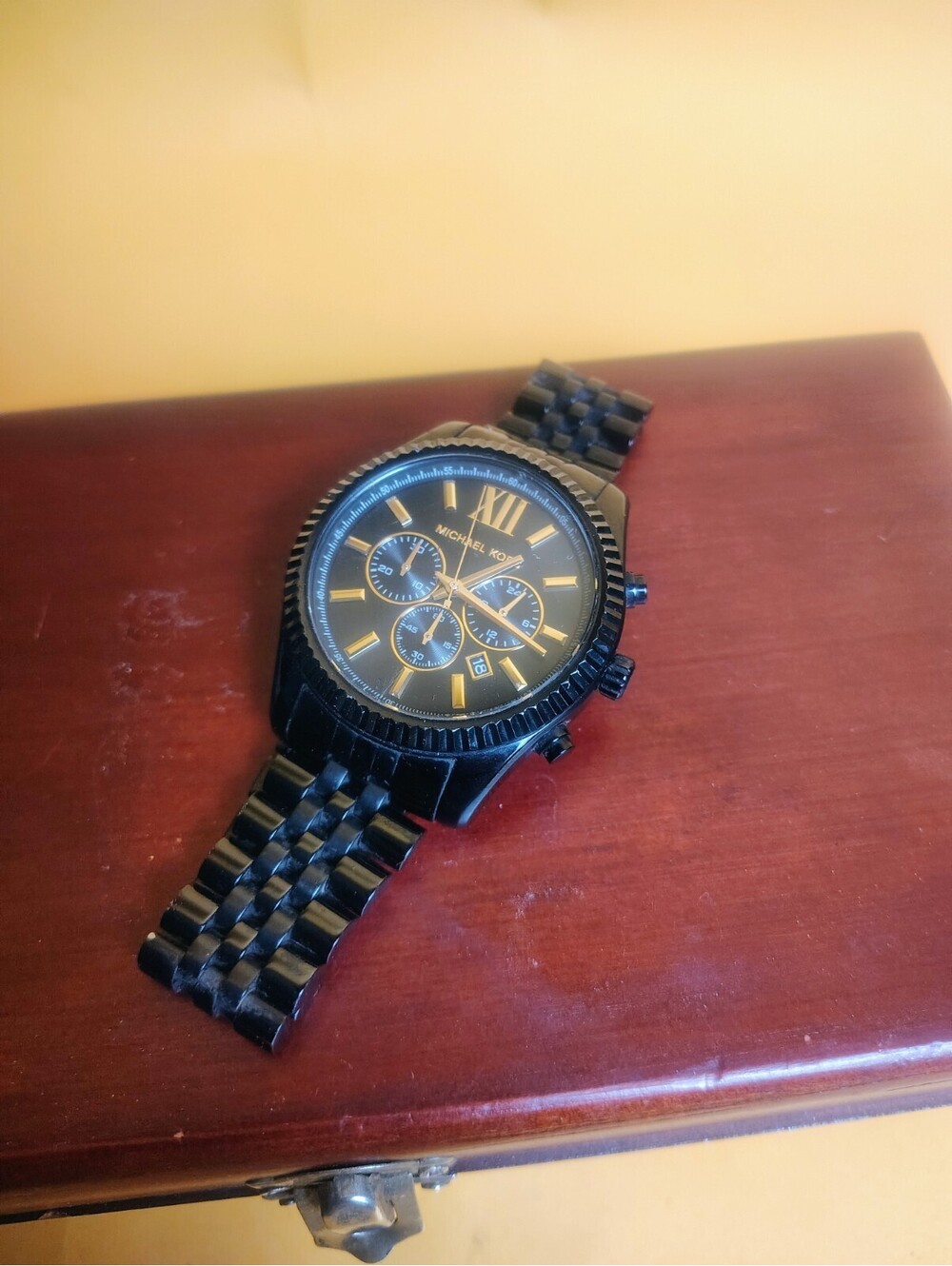 Michael Kors Lexington Black Chronograph Mens Watch Gold Accents 44mm MK8603